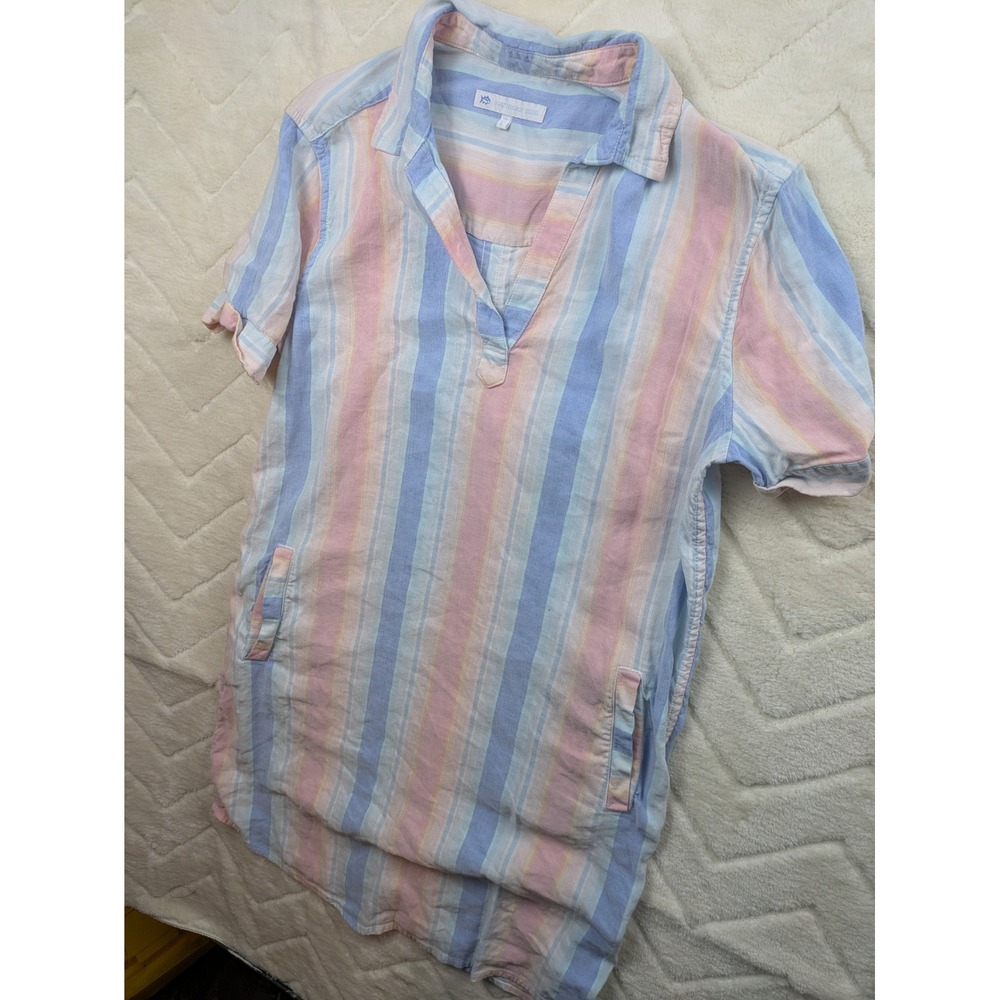 Southern Tide Pastel Stripe Linen Blend Short Sleeve Shift Dress Pink Blue S